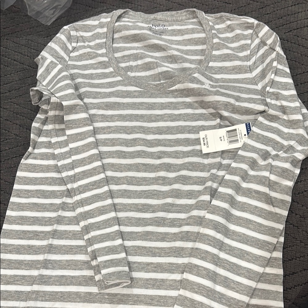 Polo by Ralph Lauren Gray and White Striped Long Sleeve Tee